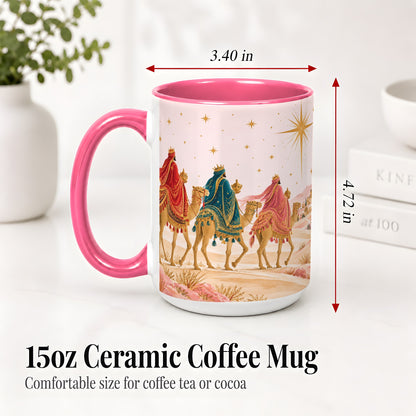 #pl[15oz|Pink] Three Wise Men Accent Mug, Christmas Camel Journey Artwork