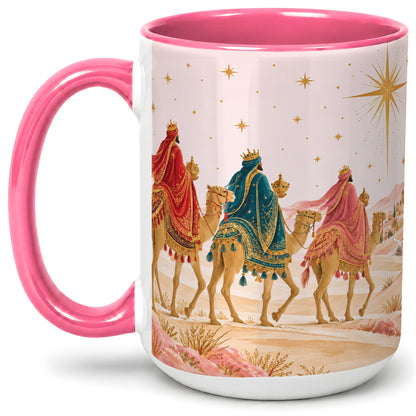 #pl[15oz|Pink] Three Wise Men Accent Mug, Christmas Camel Journey Artwork