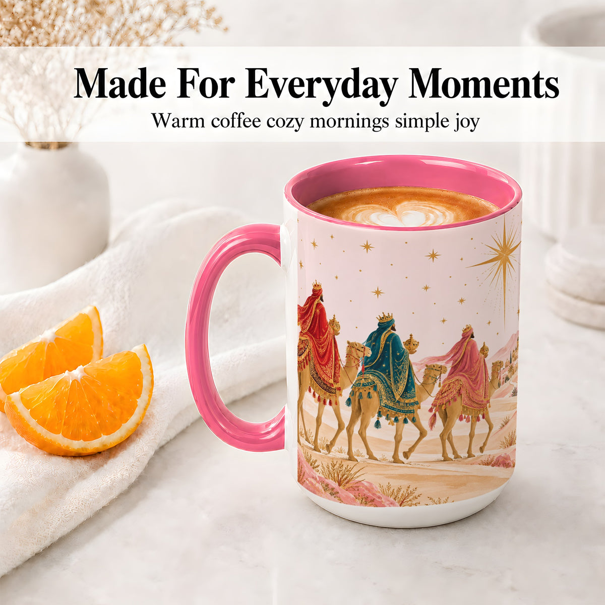 #pl[15oz|Pink] Three Wise Men Accent Mug, Christmas Camel Journey Artwork