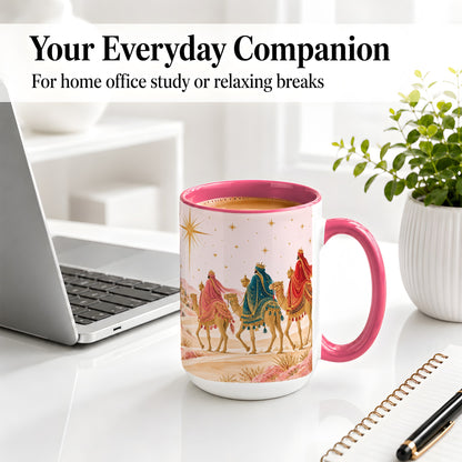 #pl[15oz|Pink] Three Wise Men Accent Mug, Christmas Camel Journey Artwork