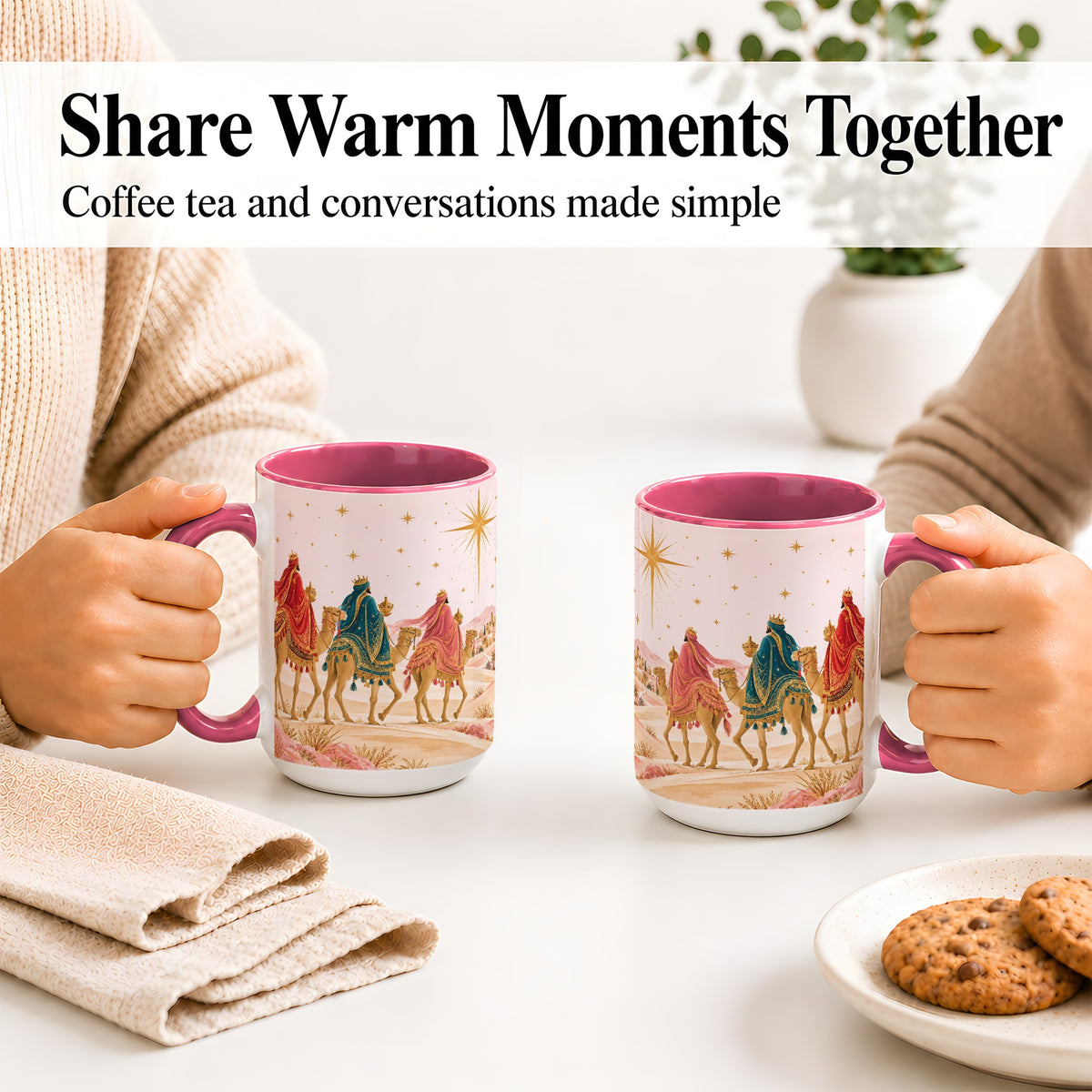 #pl[15oz|Pink] Three Wise Men Accent Mug, Christmas Camel Journey Artwork