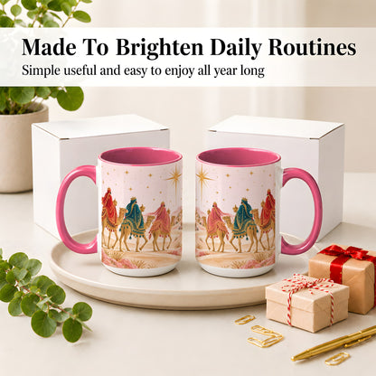 #pl[15oz|Pink] Three Wise Men Accent Mug, Christmas Camel Journey Artwork