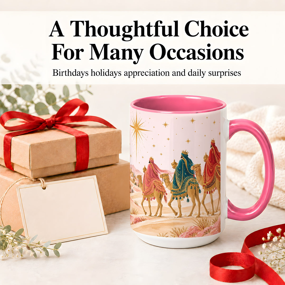 #pl[15oz|Pink] Three Wise Men Accent Mug, Christmas Camel Journey Artwork