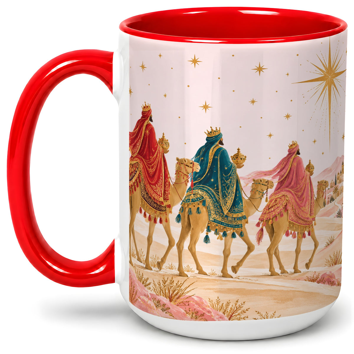 #pl[15oz|Red] Three Wise Men Accent Mug, Christmas Camel Journey Artwork