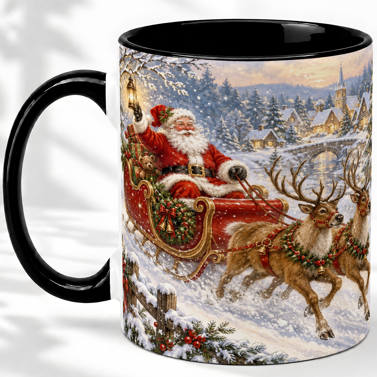 #pl[11oz|Black] Christmas Santa Sleigh Ceramic Mug, Vintage Winter Scene