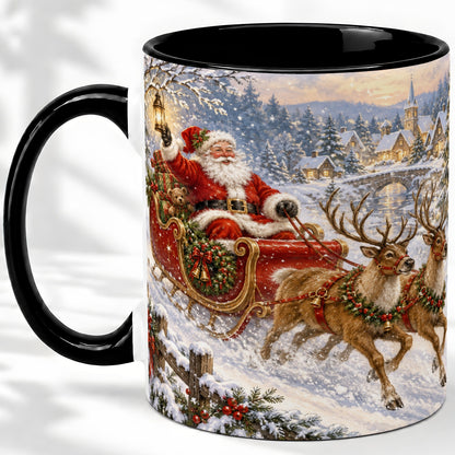 #pl[11oz|Black] Christmas Santa Sleigh Ceramic Mug, Vintage Winter Scene