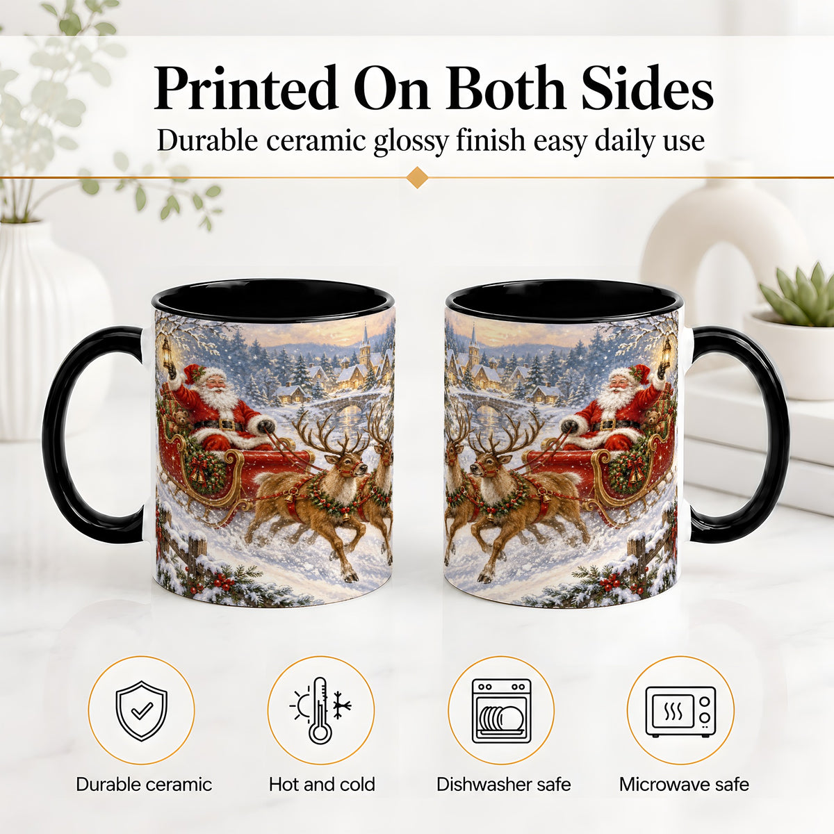 #pl[11oz|Black] Christmas Santa Sleigh Ceramic Mug, Vintage Winter Scene