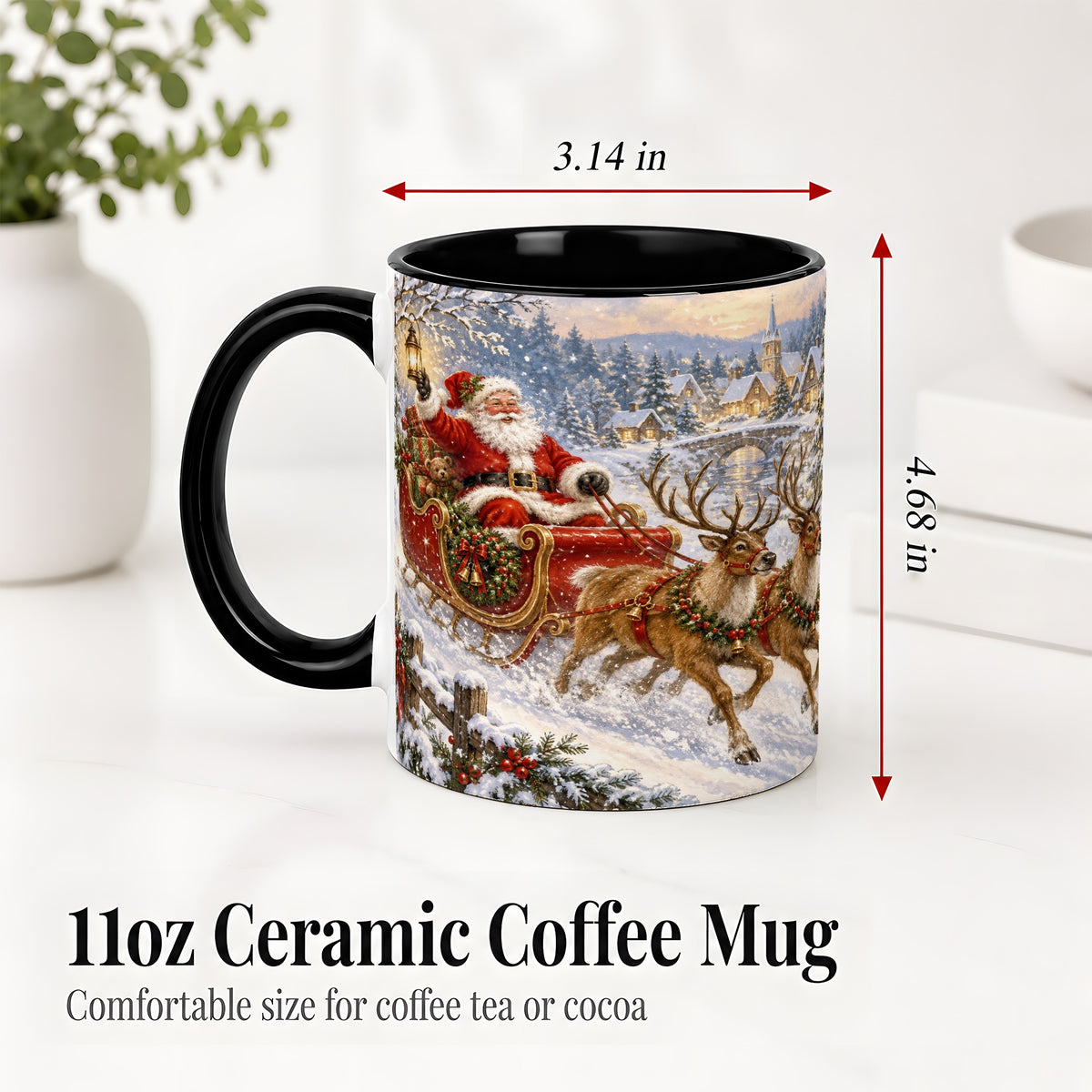 #pl[11oz|Black] Christmas Santa Sleigh Ceramic Mug, Vintage Winter Scene