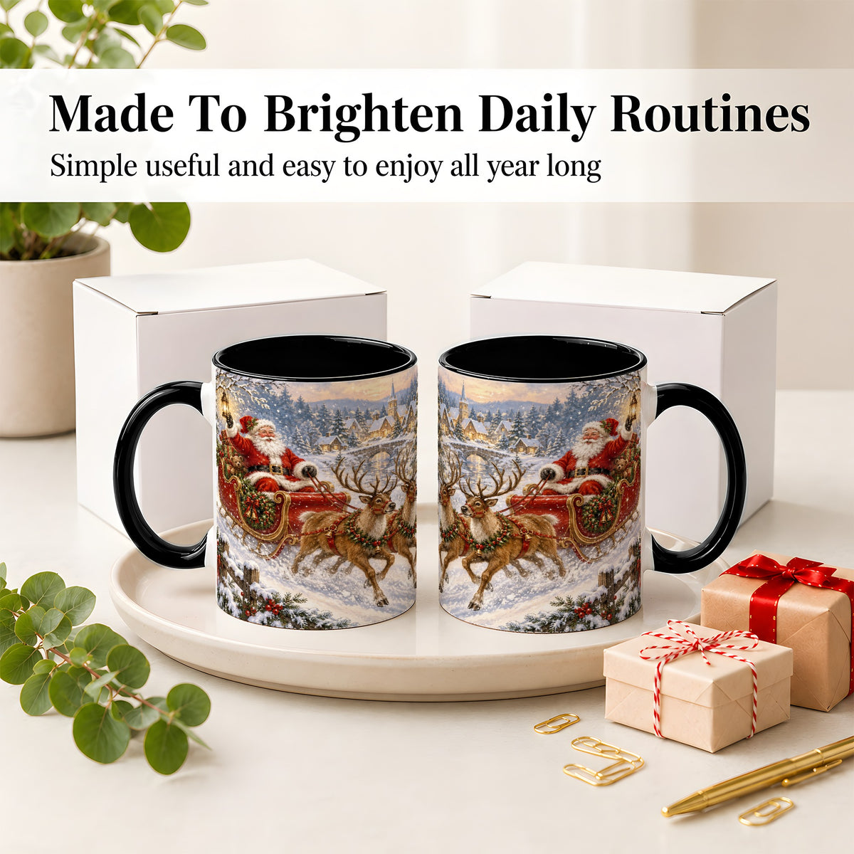 #pl[11oz|Black] Christmas Santa Sleigh Ceramic Mug, Vintage Winter Scene
