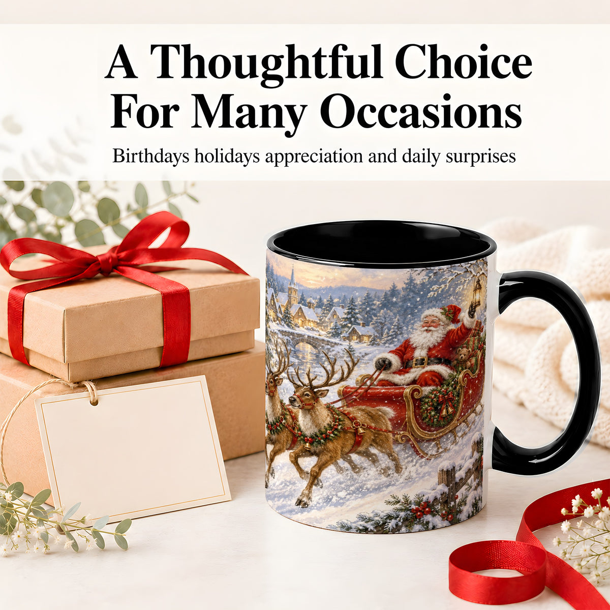 #pl[11oz|Black] Christmas Santa Sleigh Ceramic Mug, Vintage Winter Scene