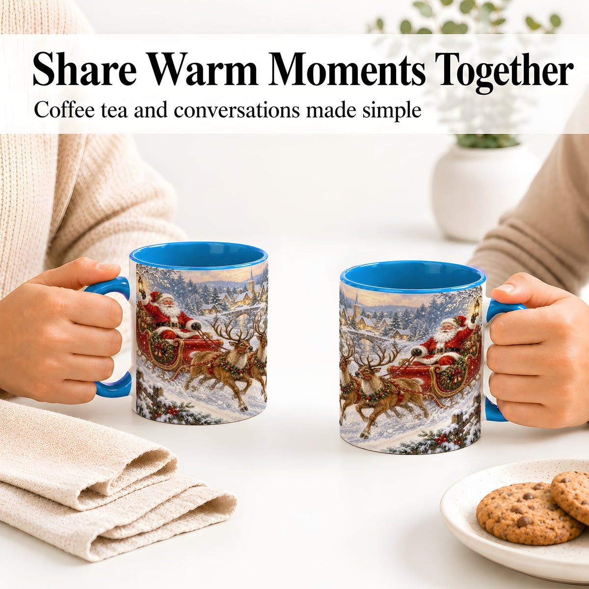 #pl[11oz|Blue] Christmas Santa Sleigh Ceramic Mug, Vintage Winter Scene
