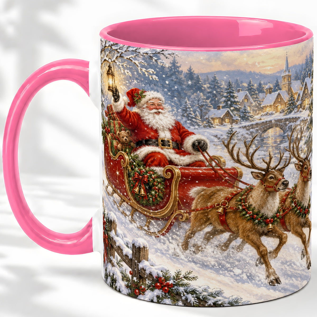 #pl[11oz|Pink] Christmas Santa Sleigh Ceramic Mug, Vintage Winter Scene