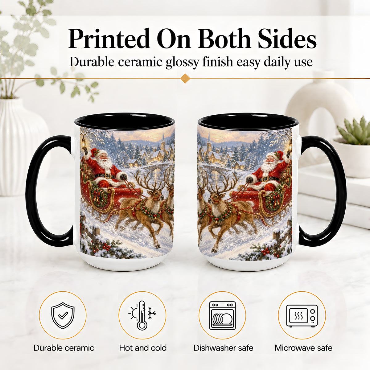 #pl[15oz|Black] Christmas Santa Sleigh Ceramic Mug, Vintage Winter Scene