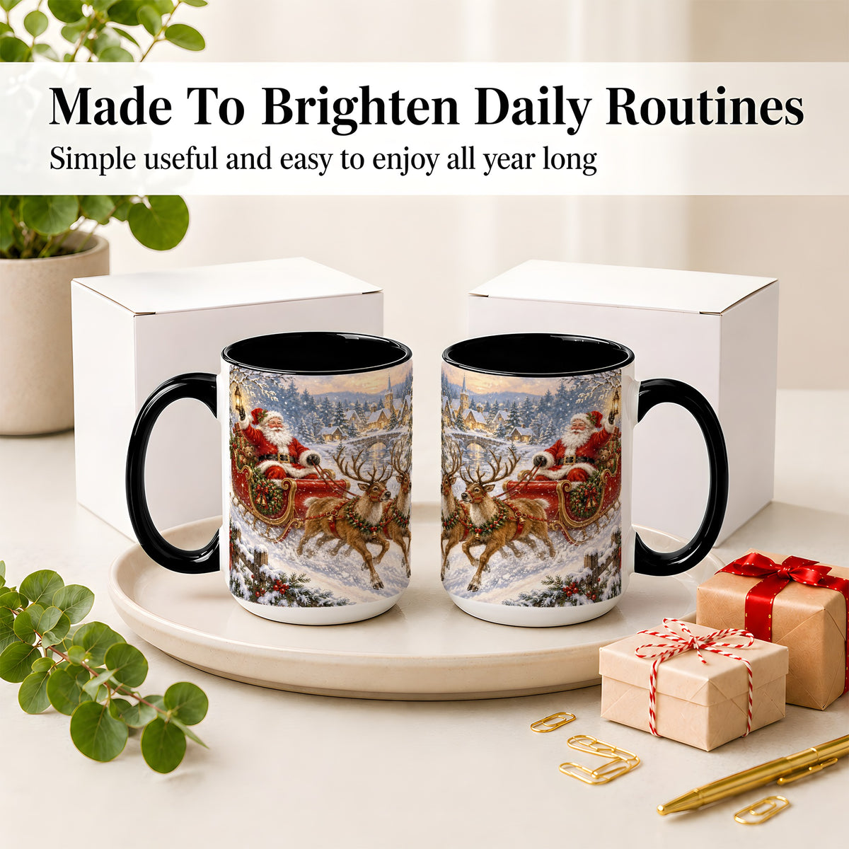 #pl[15oz|Black] Christmas Santa Sleigh Ceramic Mug, Vintage Winter Scene