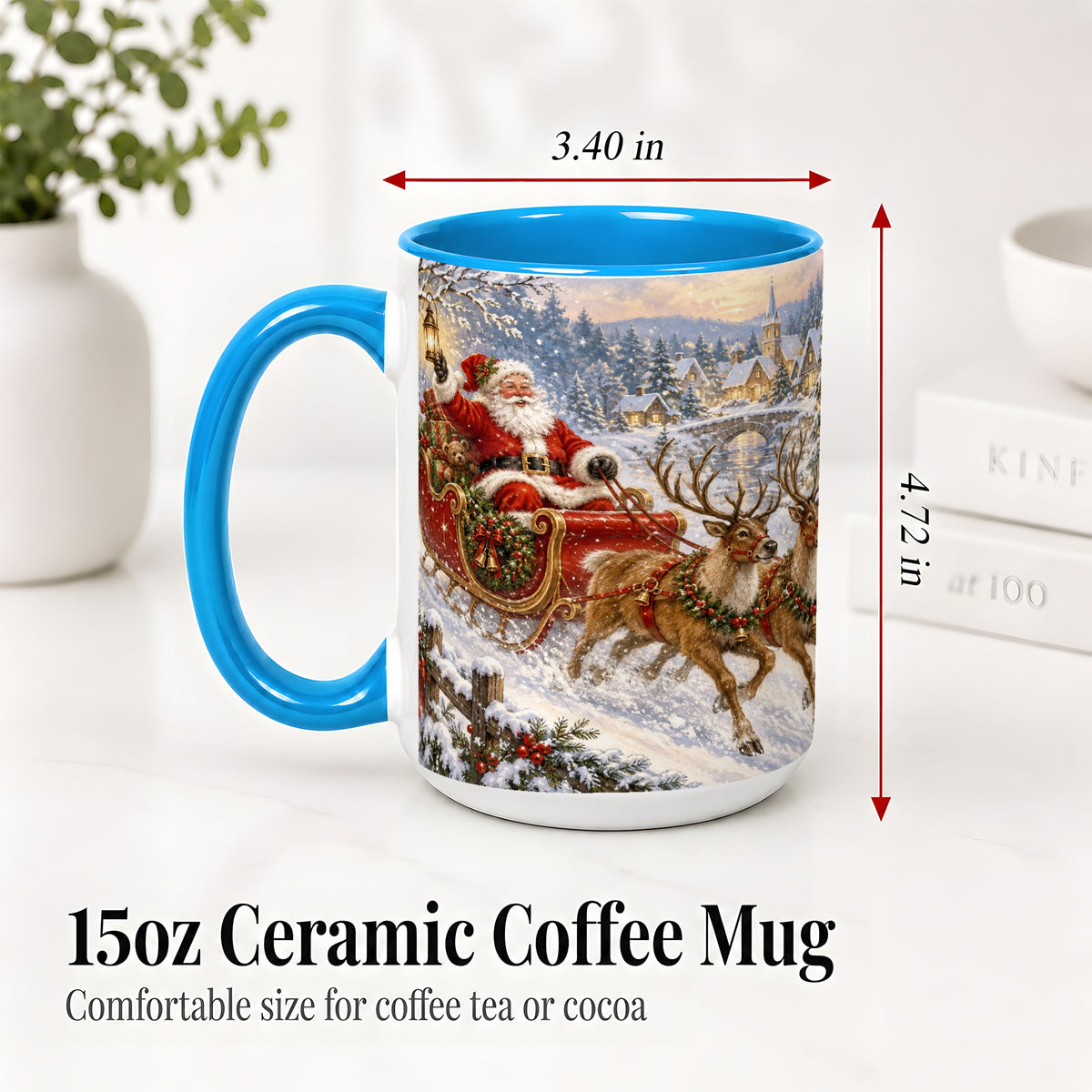 #pl[15oz|Blue] Christmas Santa Sleigh Ceramic Mug, Vintage Winter Scene