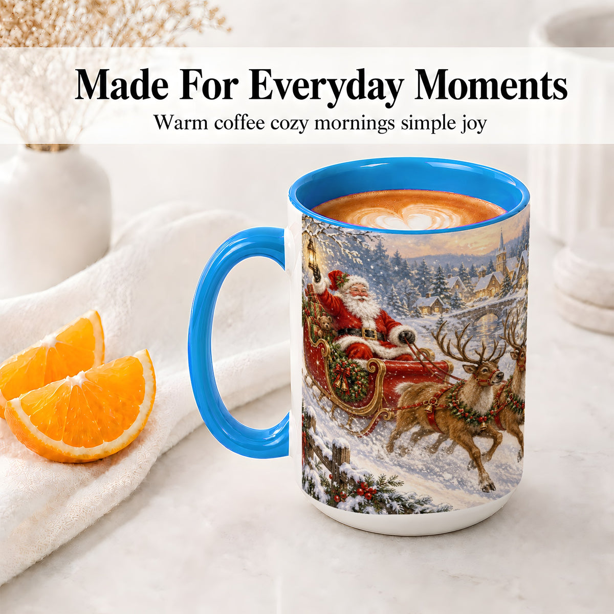 #pl[15oz|Blue] Christmas Santa Sleigh Ceramic Mug, Vintage Winter Scene
