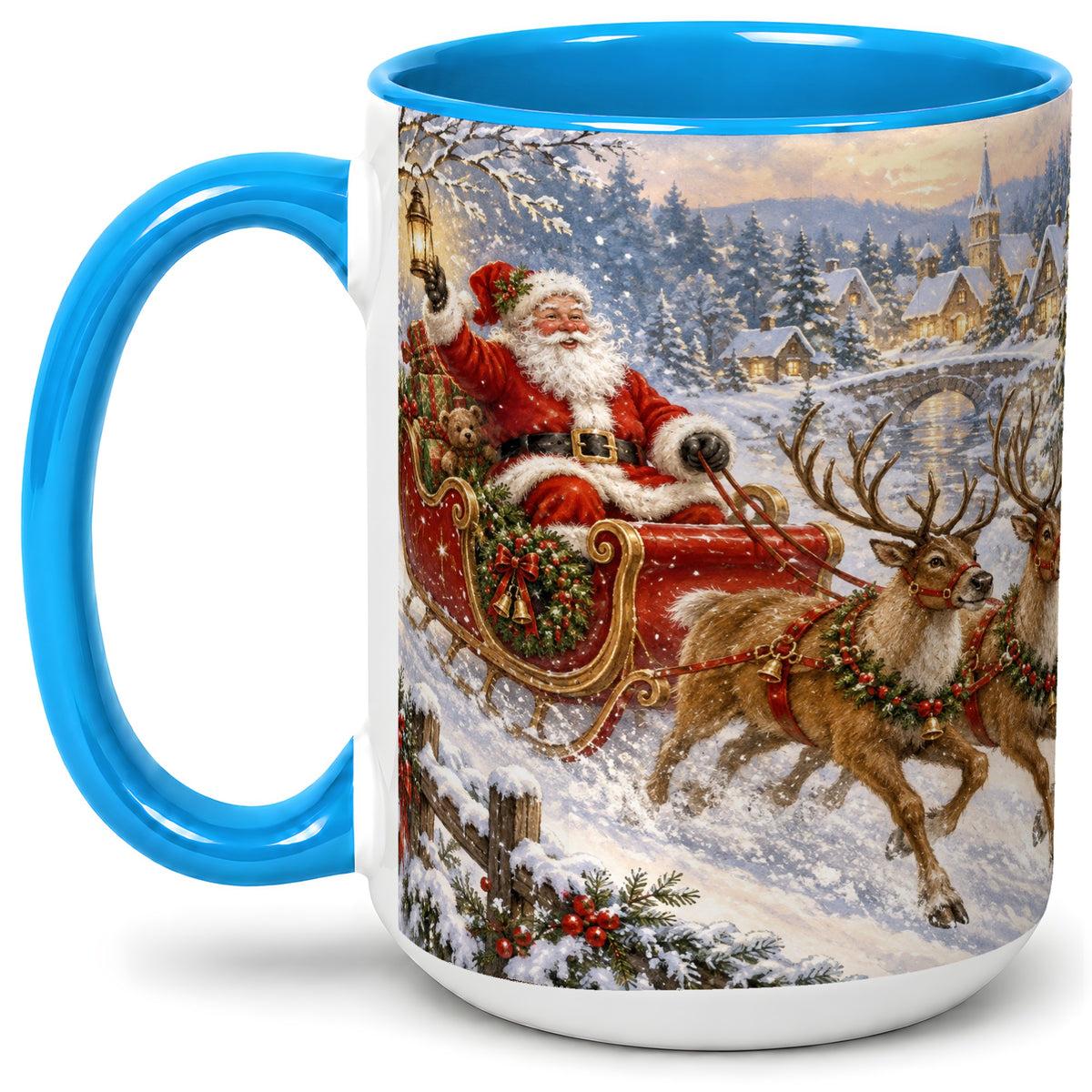#pl[15oz|Blue] Christmas Santa Sleigh Ceramic Mug, Vintage Winter Scene