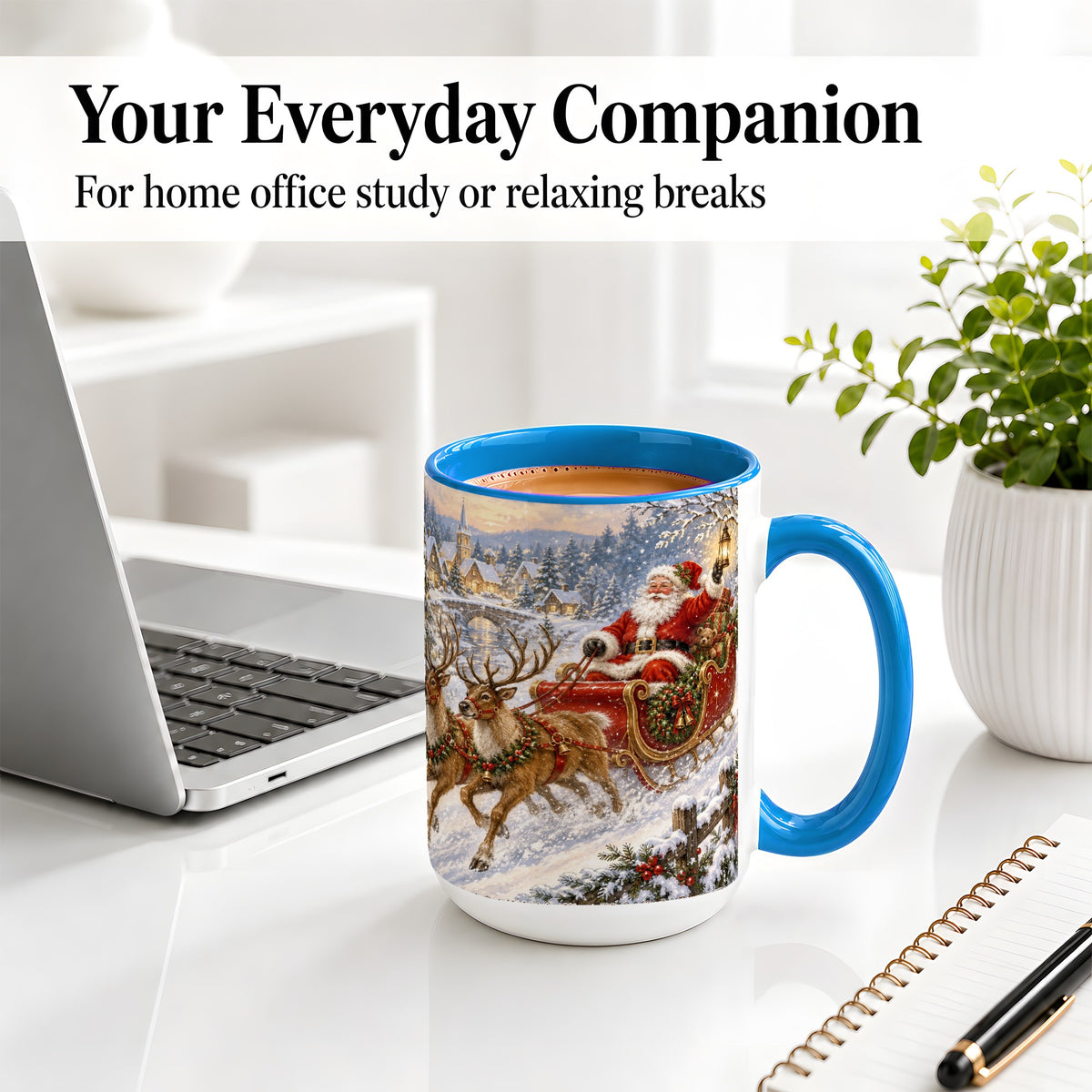 #pl[15oz|Blue] Christmas Santa Sleigh Ceramic Mug, Vintage Winter Scene