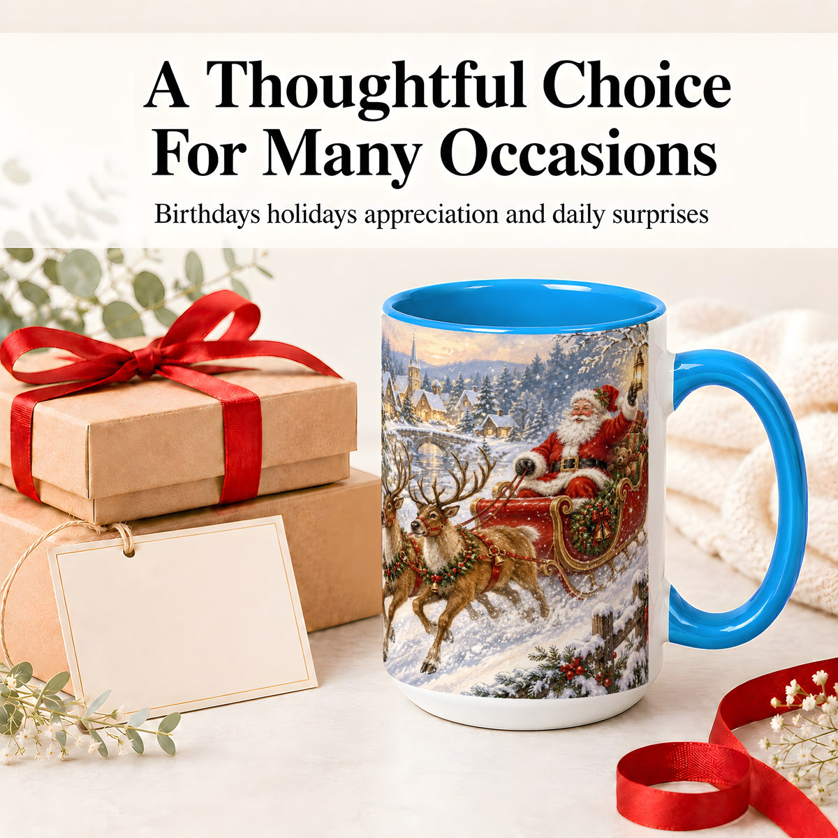 #pl[15oz|Blue] Christmas Santa Sleigh Ceramic Mug, Vintage Winter Scene