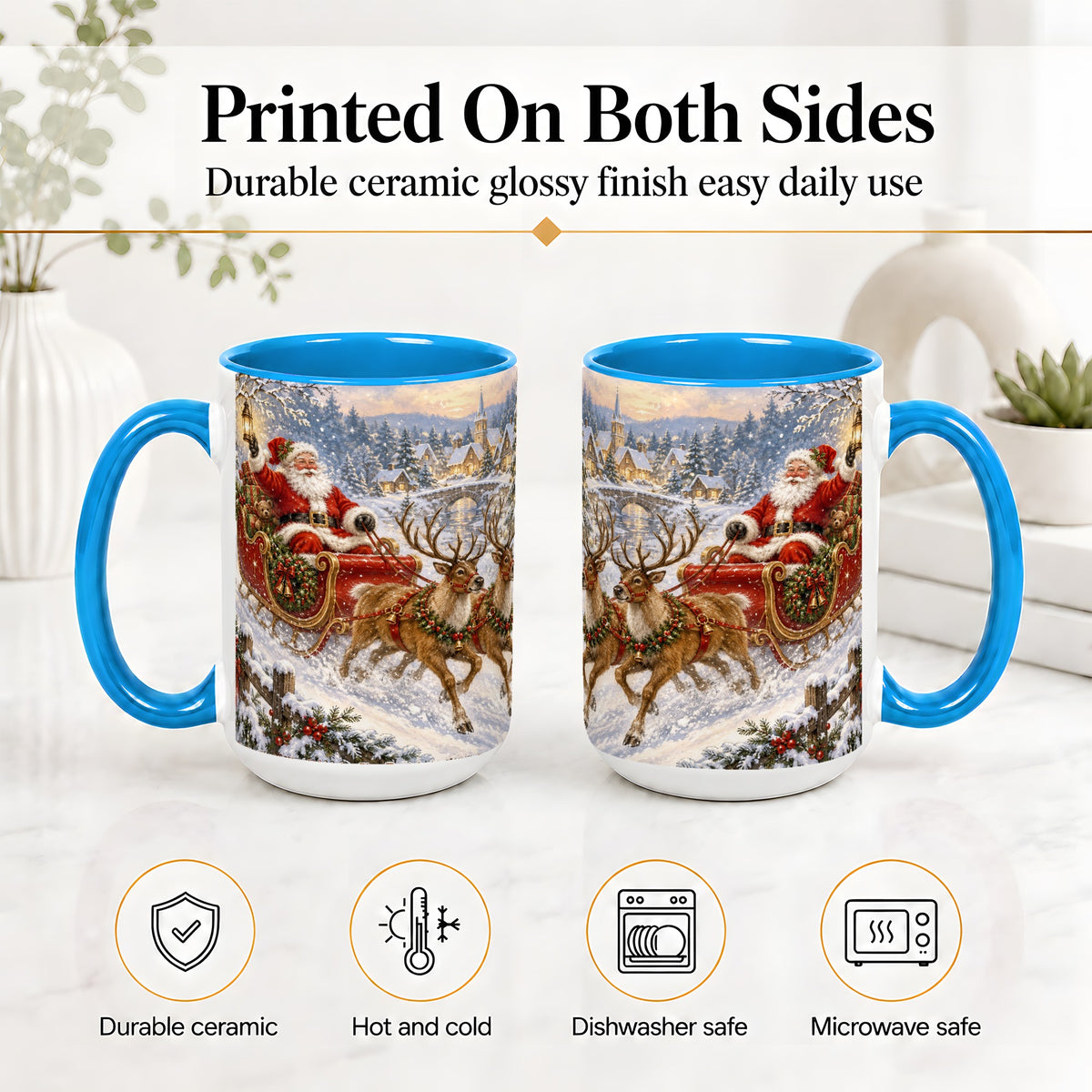 #pl[15oz|Blue] Christmas Santa Sleigh Ceramic Mug, Vintage Winter Scene