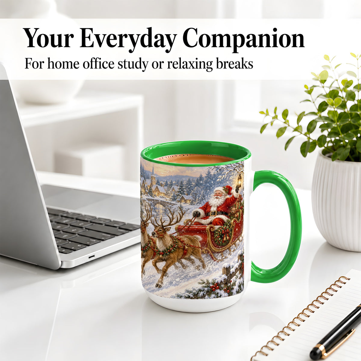 #pl[15oz|Green] Christmas Santa Sleigh Ceramic Mug, Vintage Winter Scene