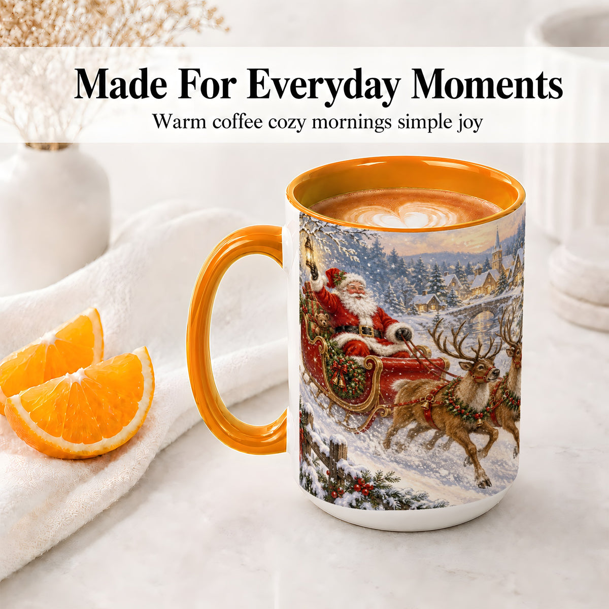 #pl[15oz|Orange] Christmas Santa Sleigh Ceramic Mug, Vintage Winter Scene