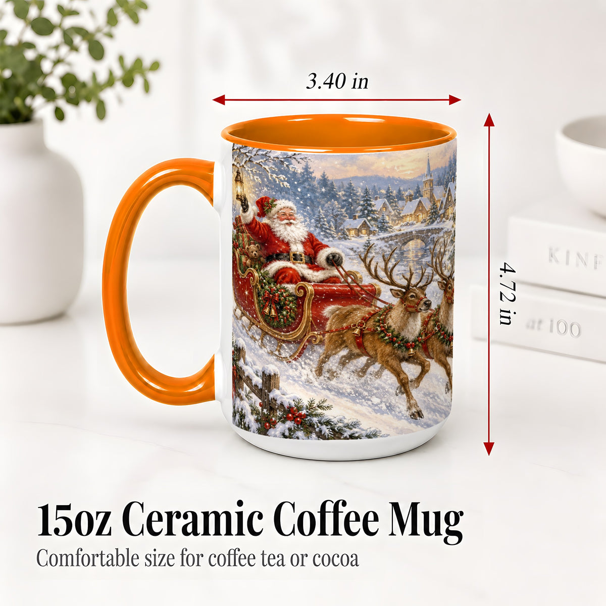 #pl[15oz|Orange] Christmas Santa Sleigh Ceramic Mug, Vintage Winter Scene