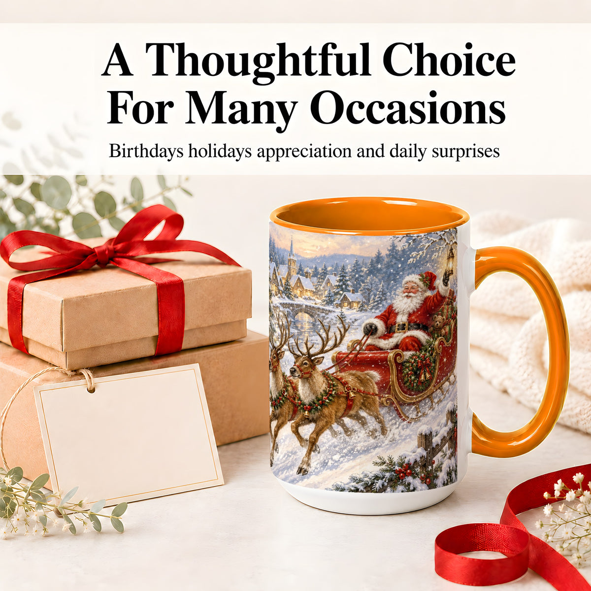 #pl[15oz|Orange] Christmas Santa Sleigh Ceramic Mug, Vintage Winter Scene