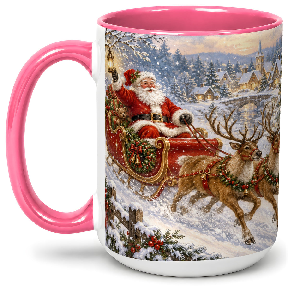 #pl[15oz|Pink] Christmas Santa Sleigh Ceramic Mug, Vintage Winter Scene