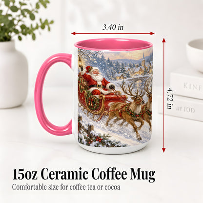 #pl[15oz|Pink] Christmas Santa Sleigh Ceramic Mug, Vintage Winter Scene