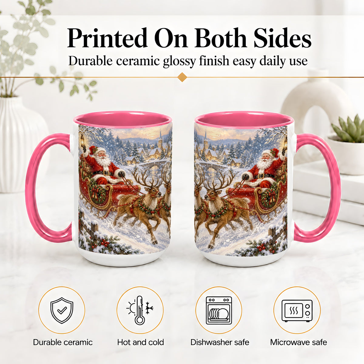 #pl[15oz|Pink] Christmas Santa Sleigh Ceramic Mug, Vintage Winter Scene