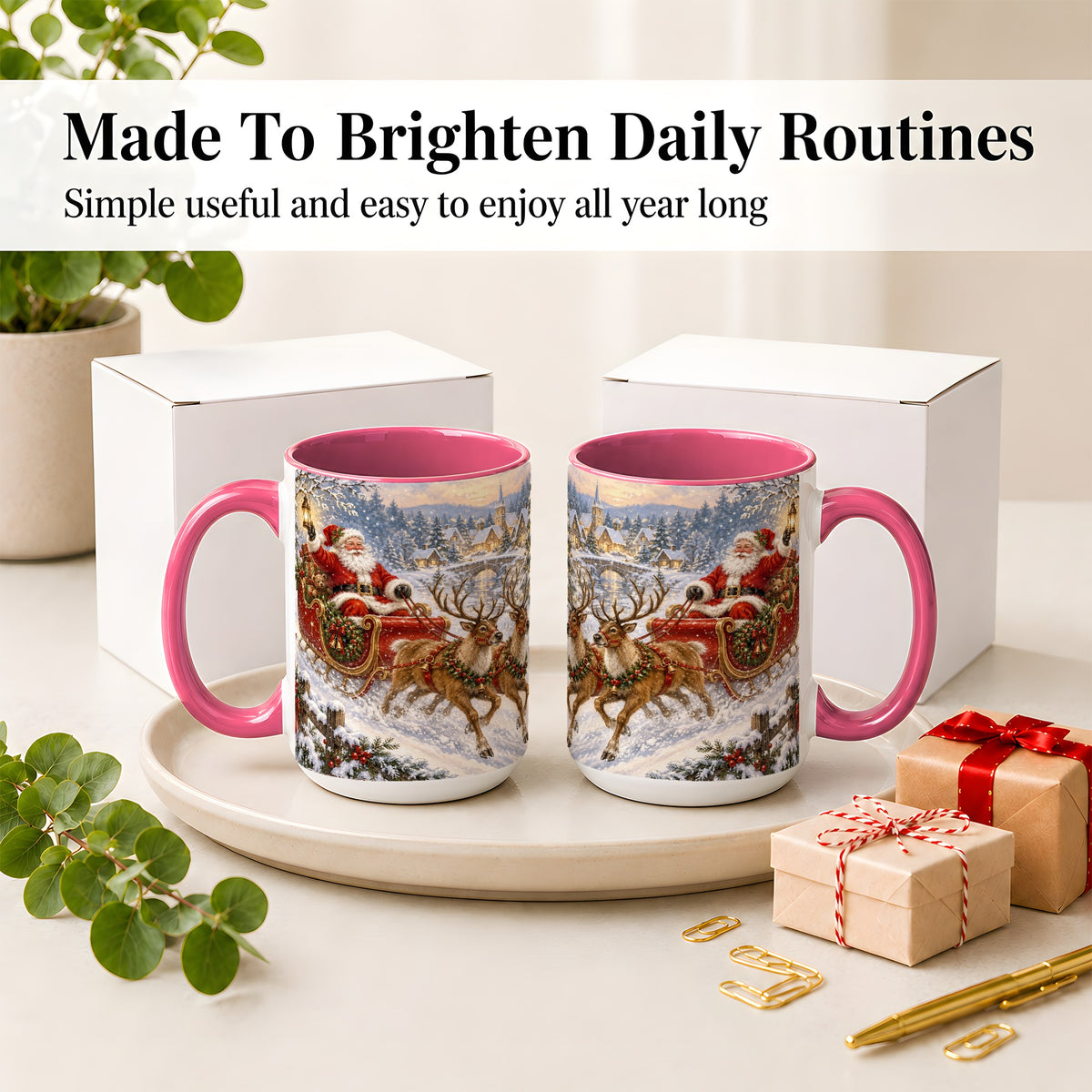 #pl[15oz|Pink] Christmas Santa Sleigh Ceramic Mug, Vintage Winter Scene