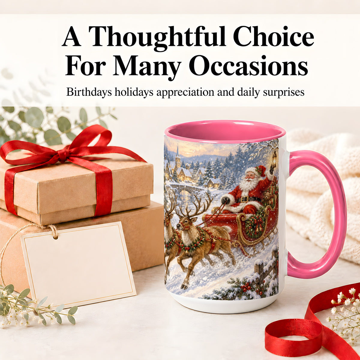 #pl[15oz|Pink] Christmas Santa Sleigh Ceramic Mug, Vintage Winter Scene