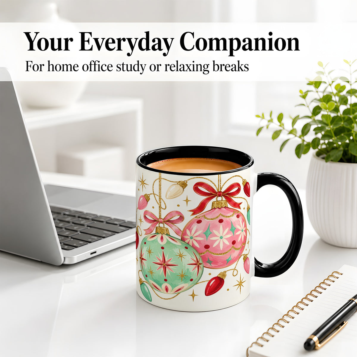 #pl[11oz|Black] Retro Christmas Ornaments Ceramic Mug, Pink Mint Holiday Art