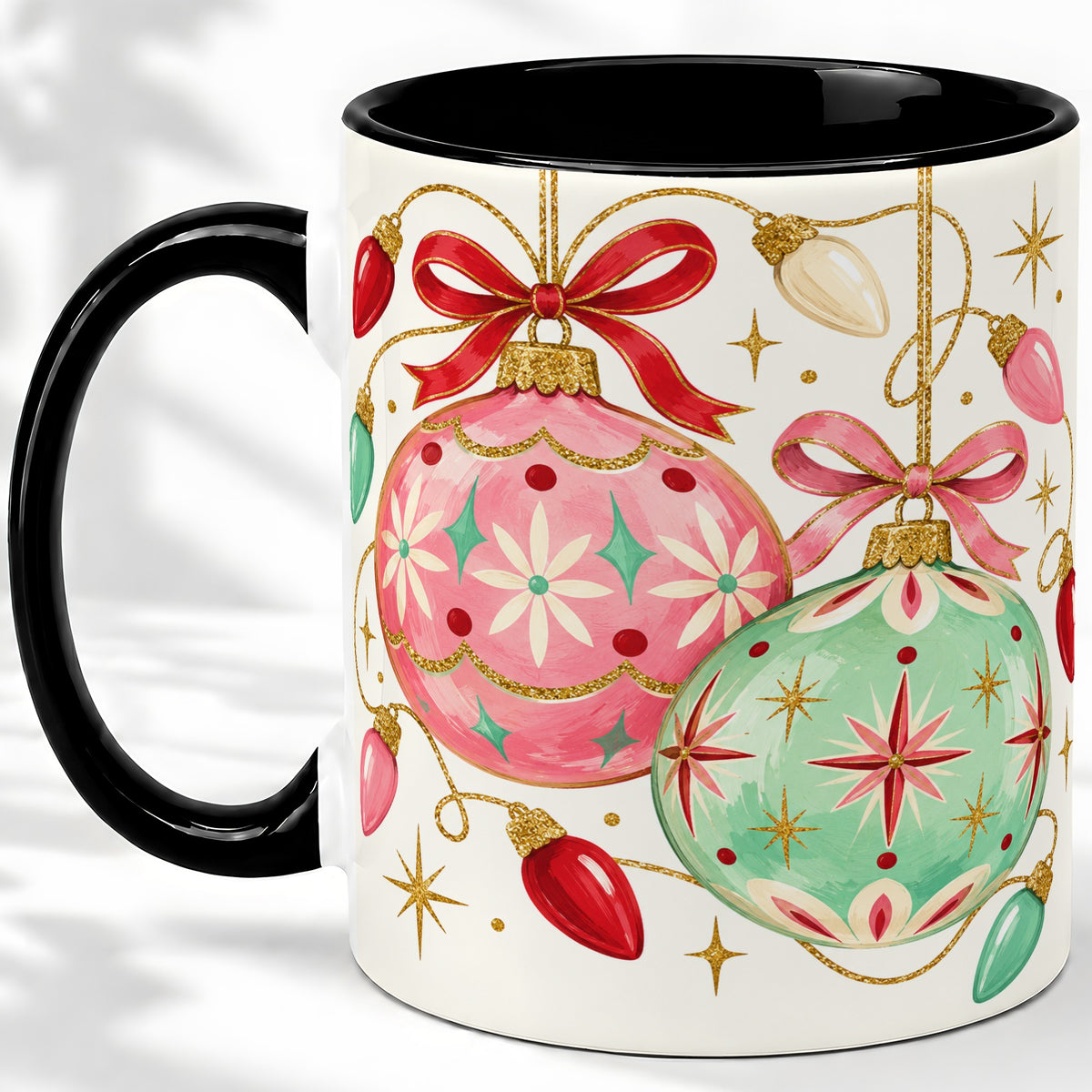 #pl[11oz|Black] Retro Christmas Ornaments Ceramic Mug, Pink Mint Holiday Art