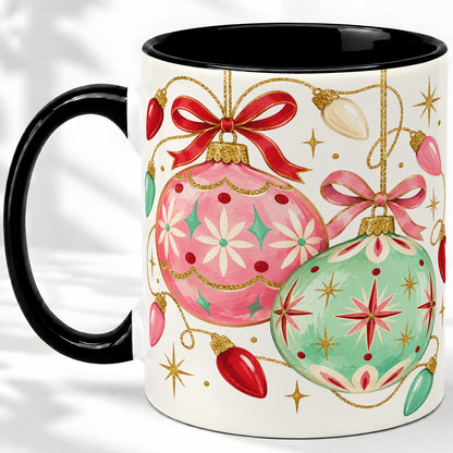 #pl[11oz|Black] Retro Christmas Ornaments Ceramic Mug, Pink Mint Holiday Art