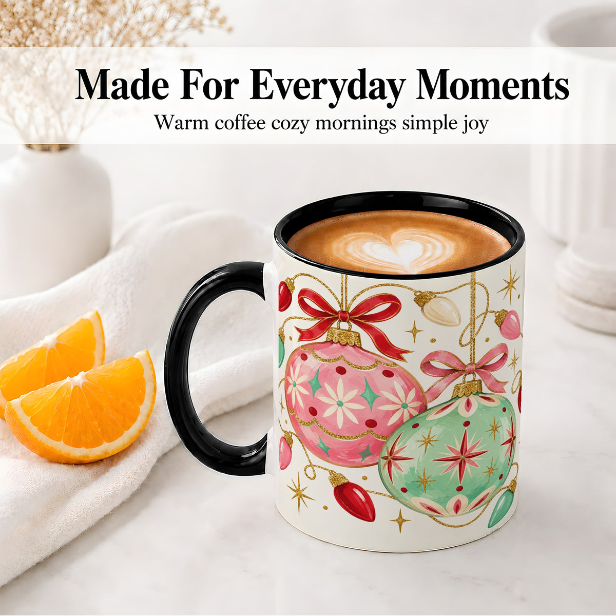 #pl[11oz|Black] Retro Christmas Ornaments Ceramic Mug, Pink Mint Holiday Art