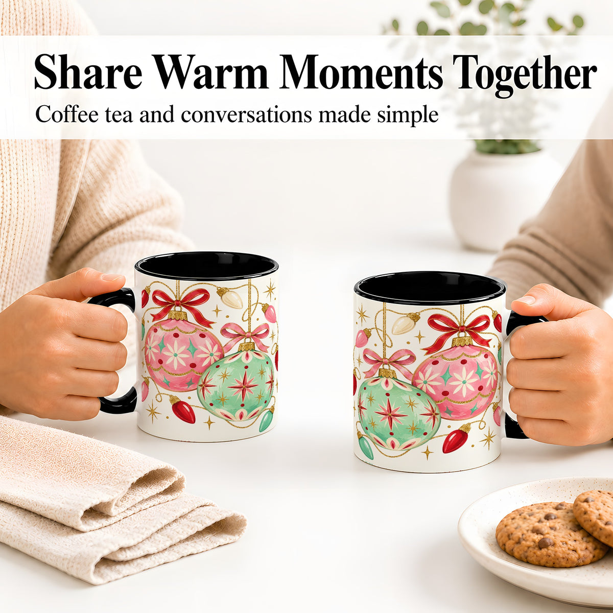 #pl[11oz|Black] Retro Christmas Ornaments Ceramic Mug, Pink Mint Holiday Art
