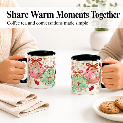 #pl[11oz|Black] Retro Christmas Ornaments Ceramic Mug, Pink Mint Holiday Art