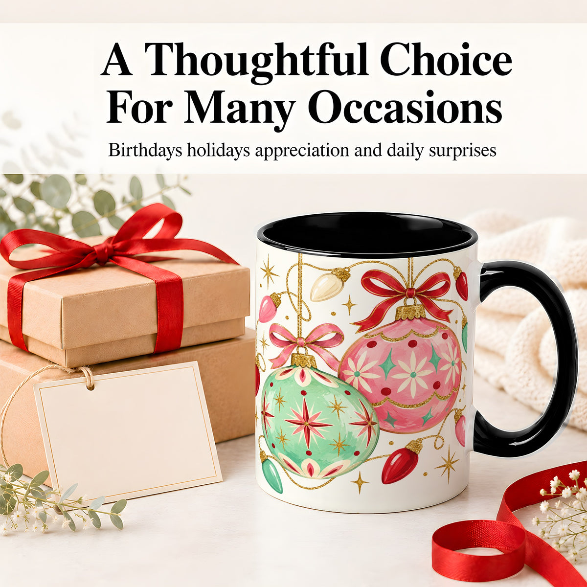 #pl[11oz|Black] Retro Christmas Ornaments Ceramic Mug, Pink Mint Holiday Art