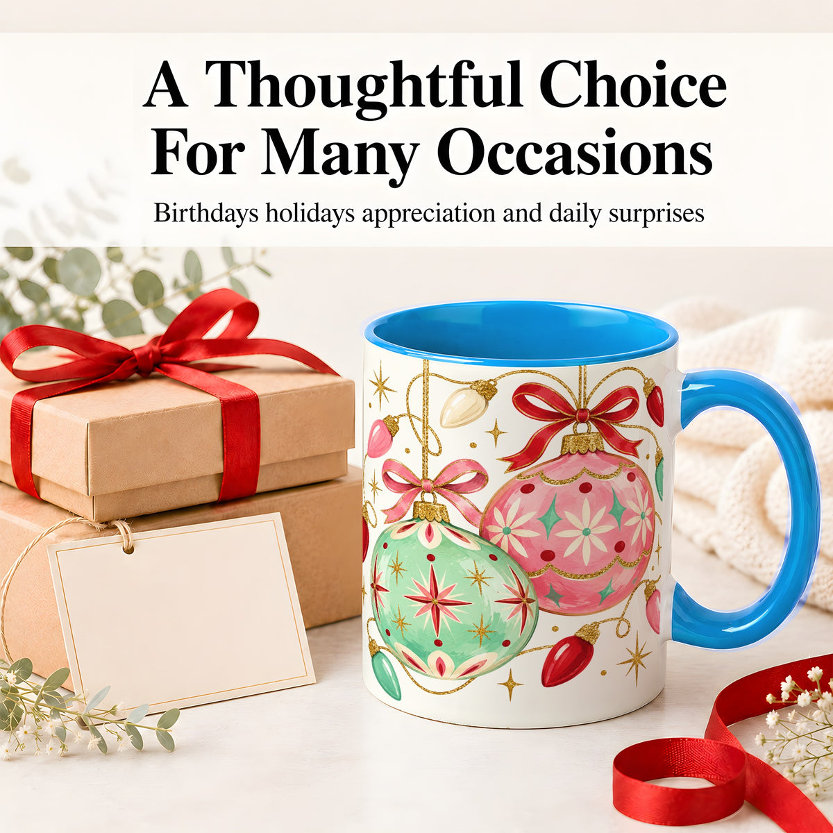 #pl[11oz|Blue] Retro Christmas Ornaments Ceramic Mug, Pink Mint Holiday Art