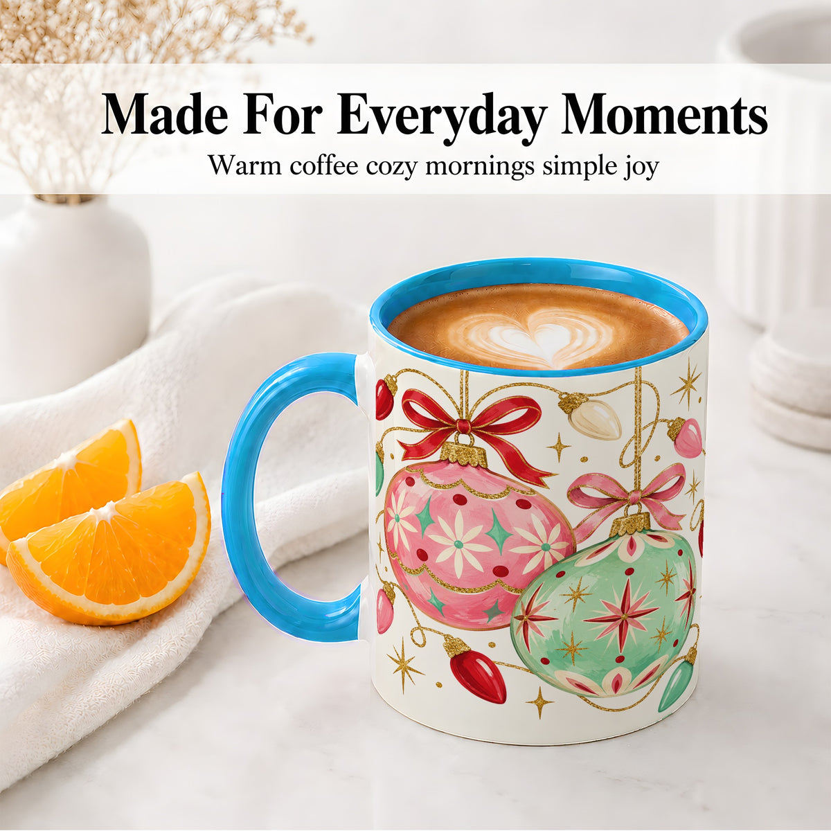 #pl[11oz|Blue] Retro Christmas Ornaments Ceramic Mug, Pink Mint Holiday Art