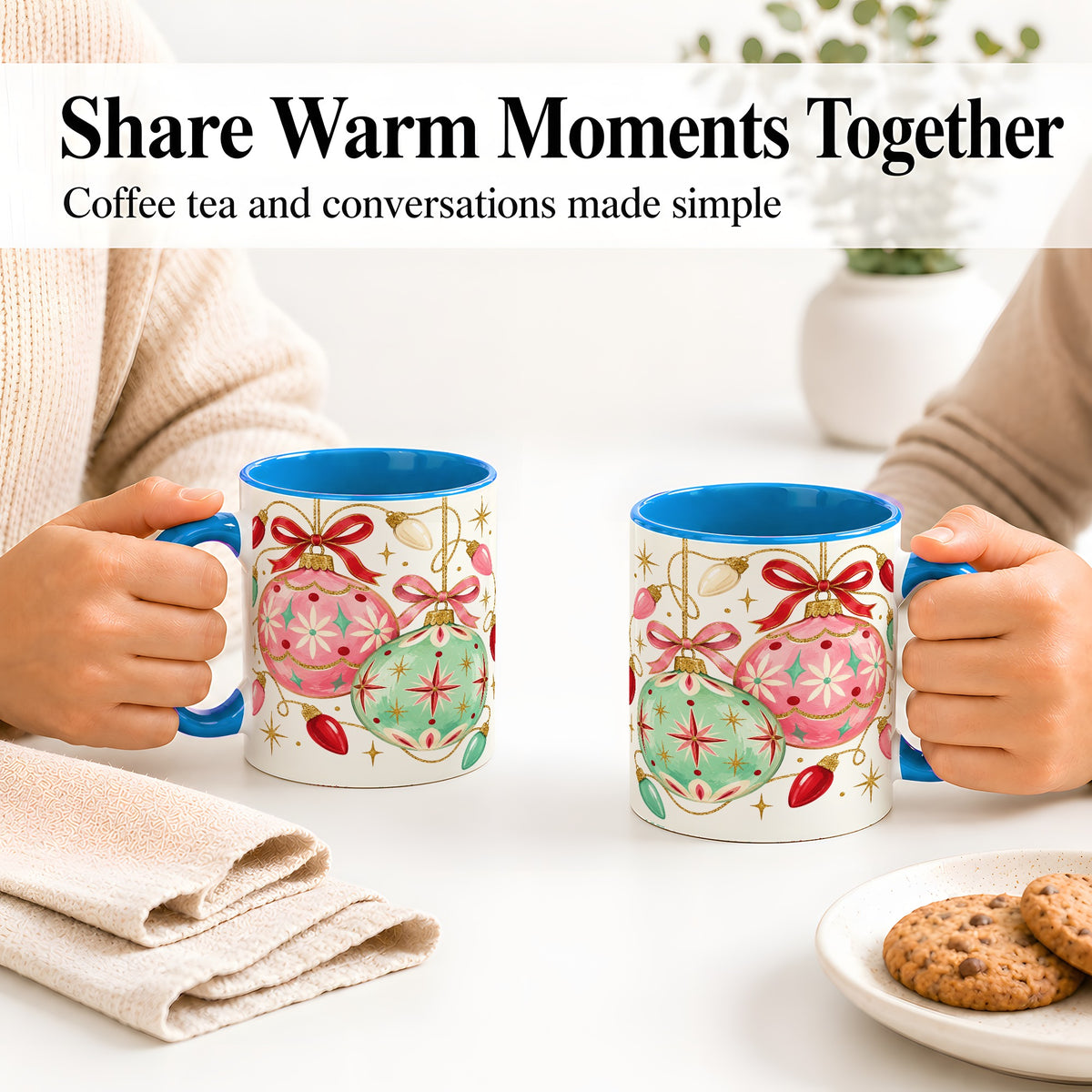 #pl[11oz|Blue] Retro Christmas Ornaments Ceramic Mug, Pink Mint Holiday Art