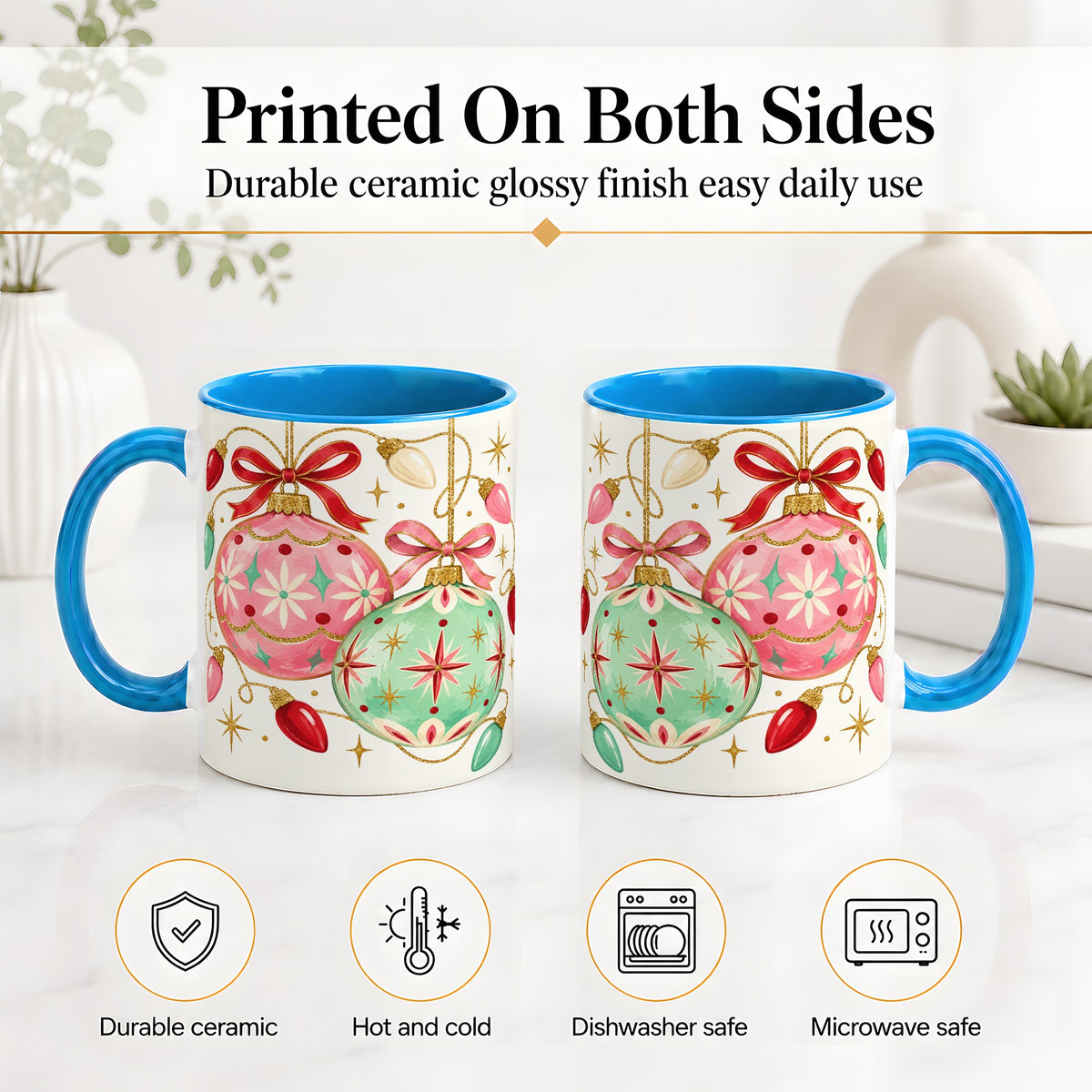 #pl[11oz|Blue] Retro Christmas Ornaments Ceramic Mug, Pink Mint Holiday Art