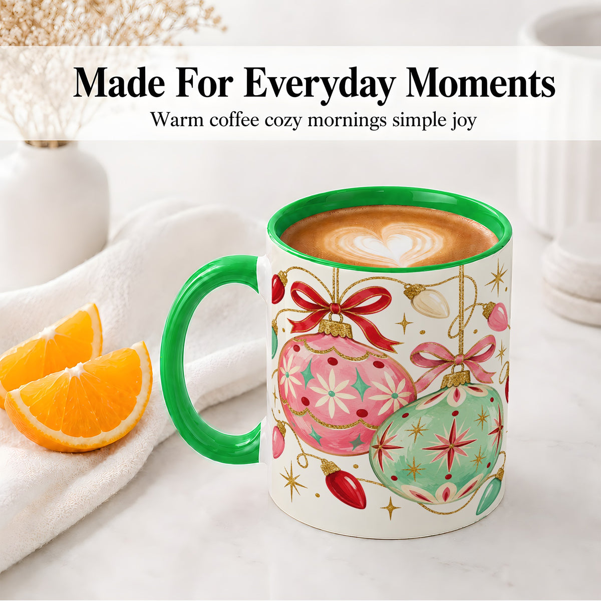 #pl[11oz|Green] Retro Christmas Ornaments Ceramic Mug, Pink Mint Holiday Art