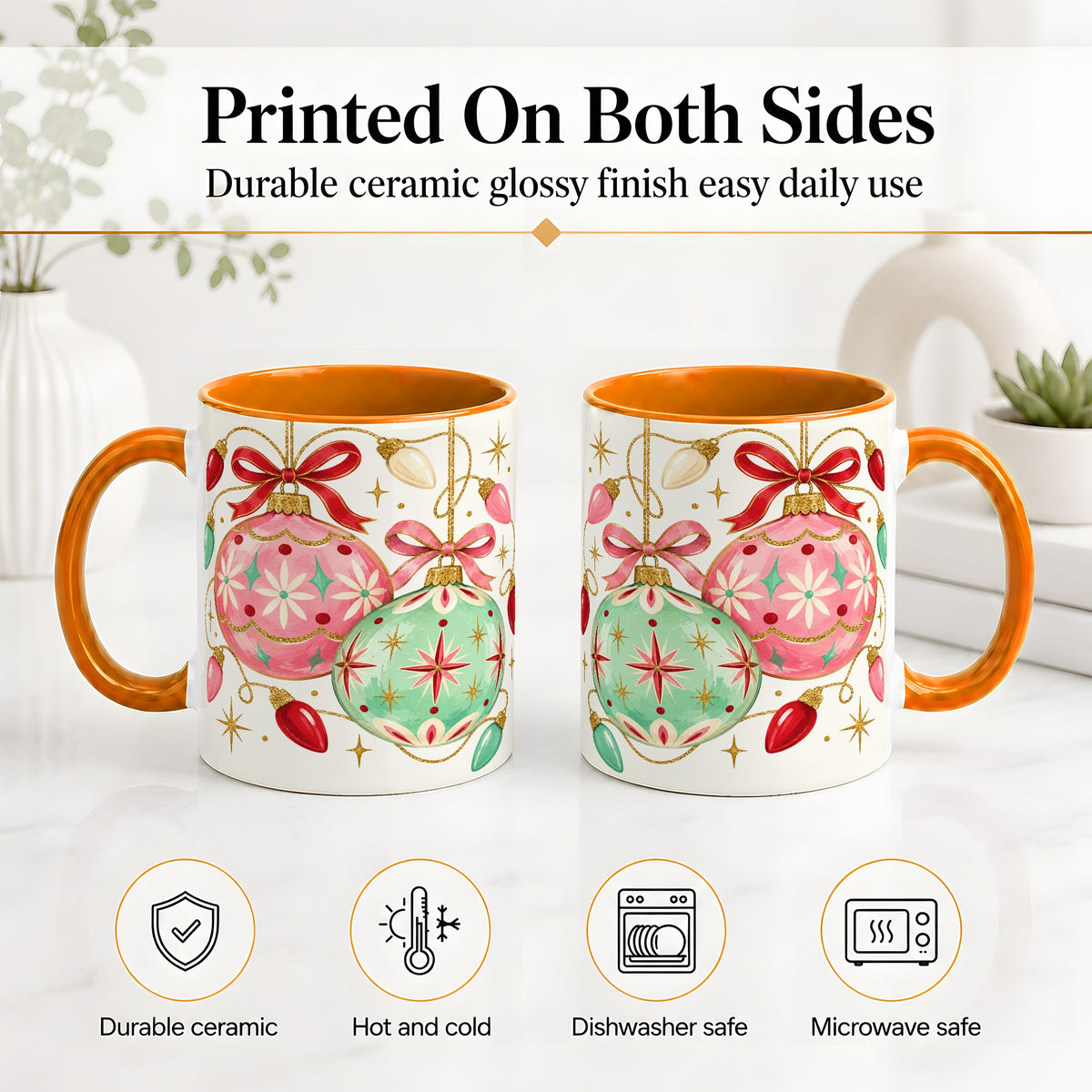 #pl[11oz|Orange] Retro Christmas Ornaments Ceramic Mug, Pink Mint Holiday Art