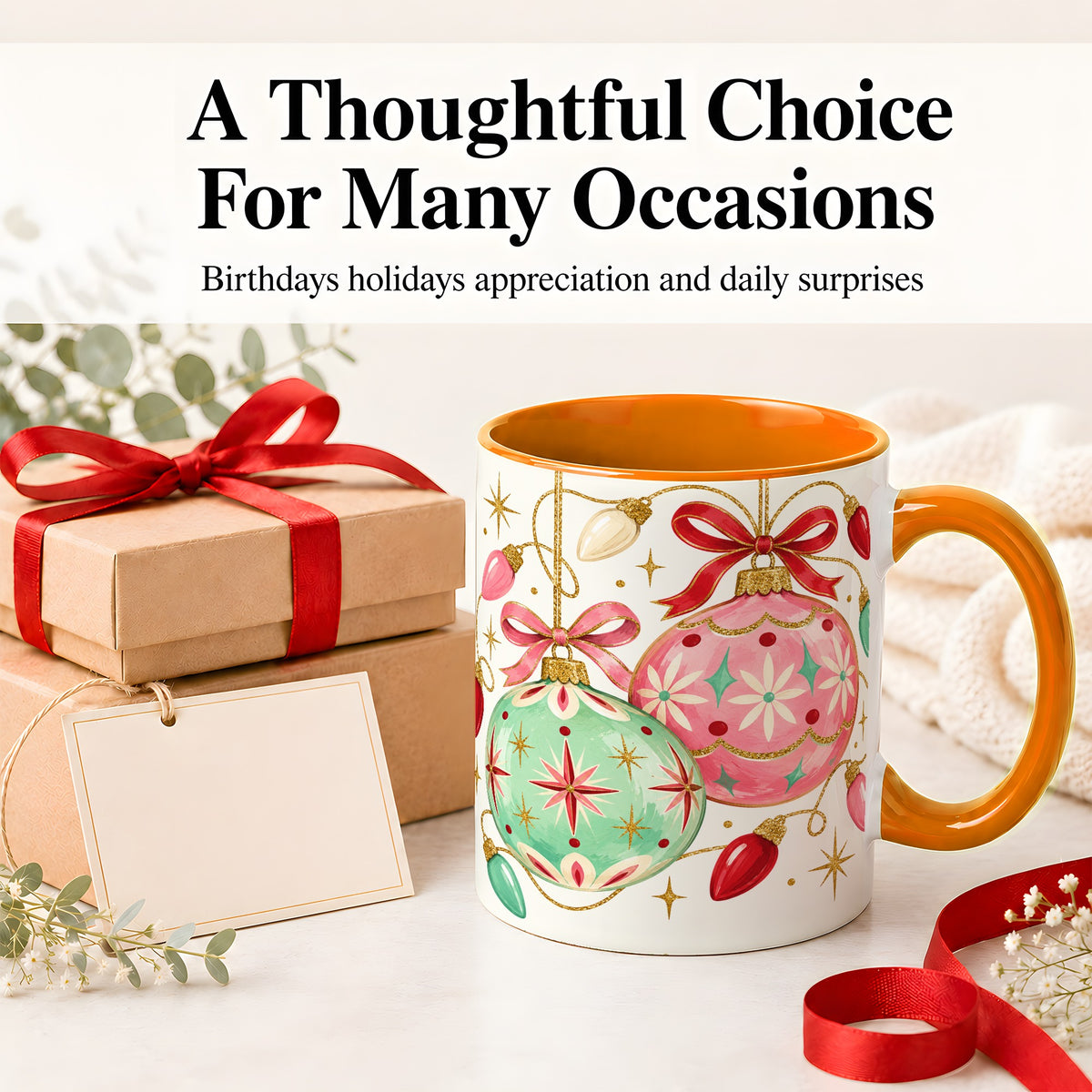 #pl[11oz|Orange] Retro Christmas Ornaments Ceramic Mug, Pink Mint Holiday Art