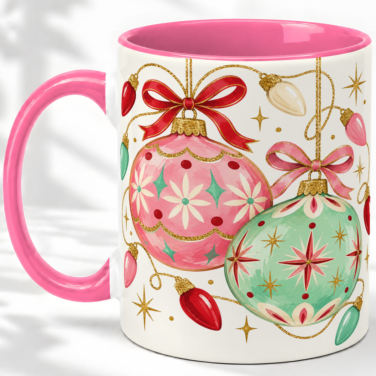 #pl[11oz|Pink] Retro Christmas Ornaments Ceramic Mug, Pink Mint Holiday Art