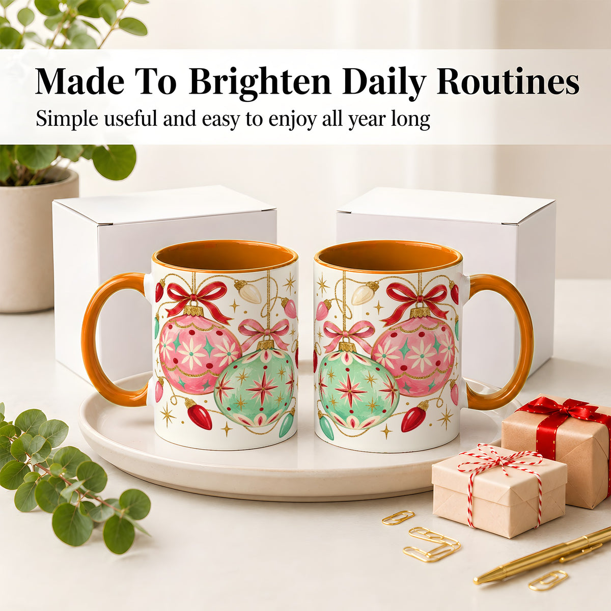 #pl[11oz|Orange] Retro Christmas Ornaments Ceramic Mug, Pink Mint Holiday Art