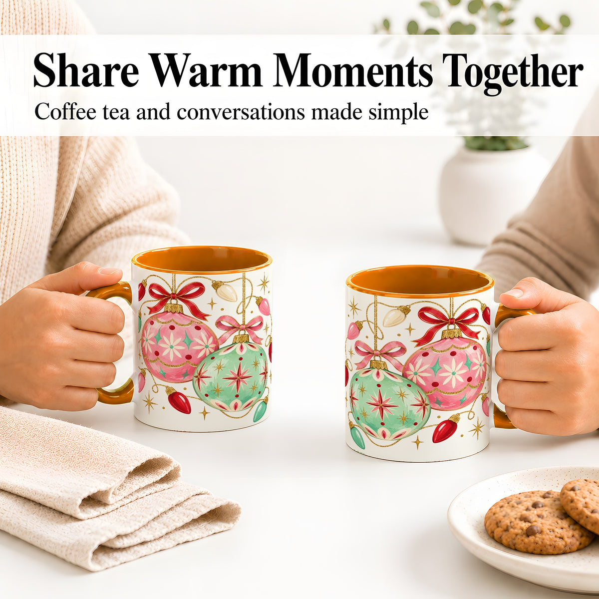 #pl[11oz|Orange] Retro Christmas Ornaments Ceramic Mug, Pink Mint Holiday Art